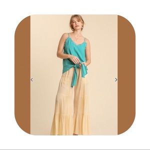 Umgee Sheer Textured Elastic Waistband Tiered Wide Leg Pants Color Natural